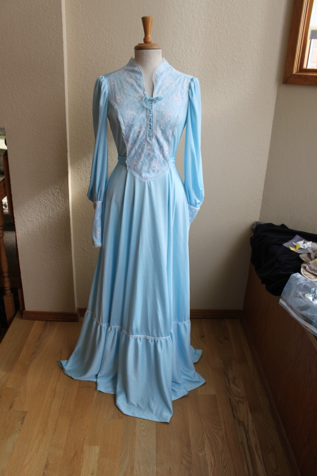 Vintage 70&rsquo;s Victorian Style Romantic Blue Peasant Maxi Dress S 26&Prime; waist