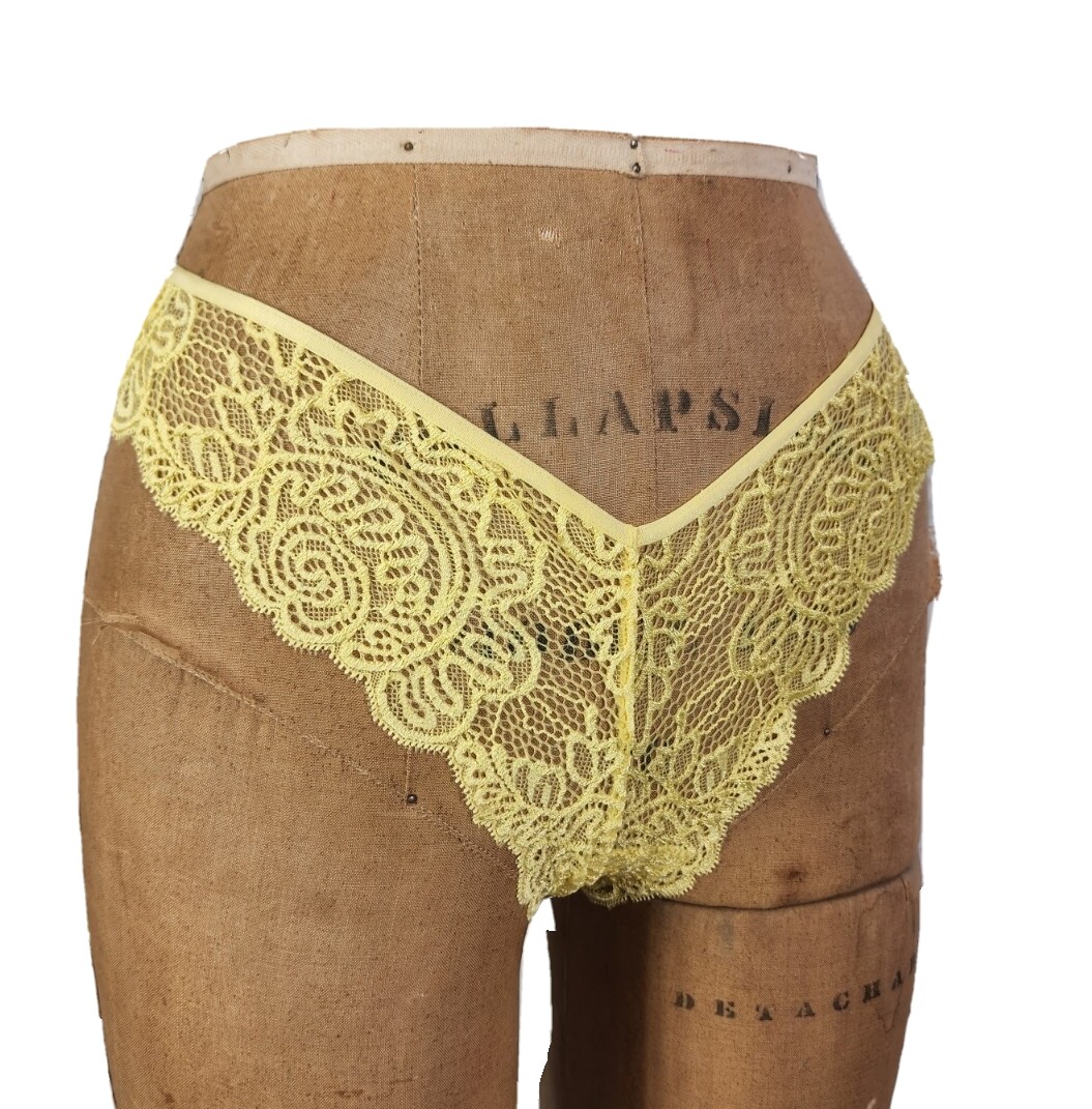 Vtg Victorias Secret Panties Very Sexy Yellow Lace Brazilian Tanga High Leg L