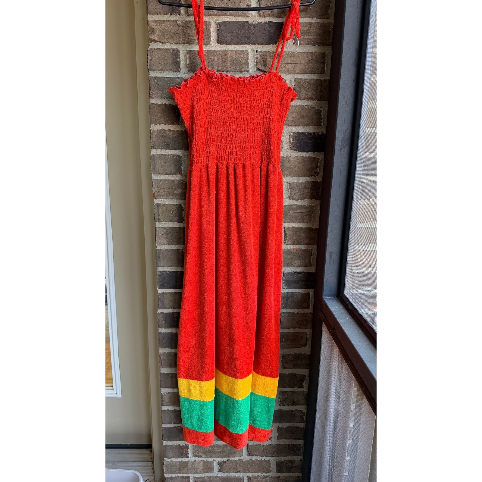 Niki Lu Vintage 70s Terry Cloth Smocked Maxi Dress Cover Up Womens Medium Orange