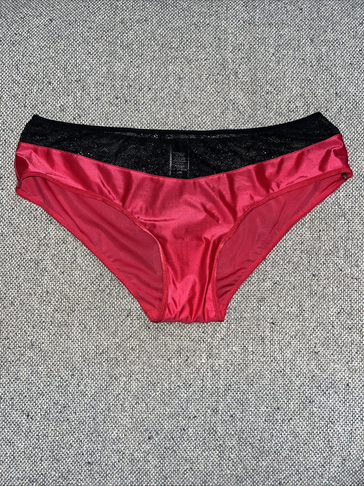 Victoria’s Secret Red Satin Shiny Sheer Black Lace Top Sissy Bikini Panties M