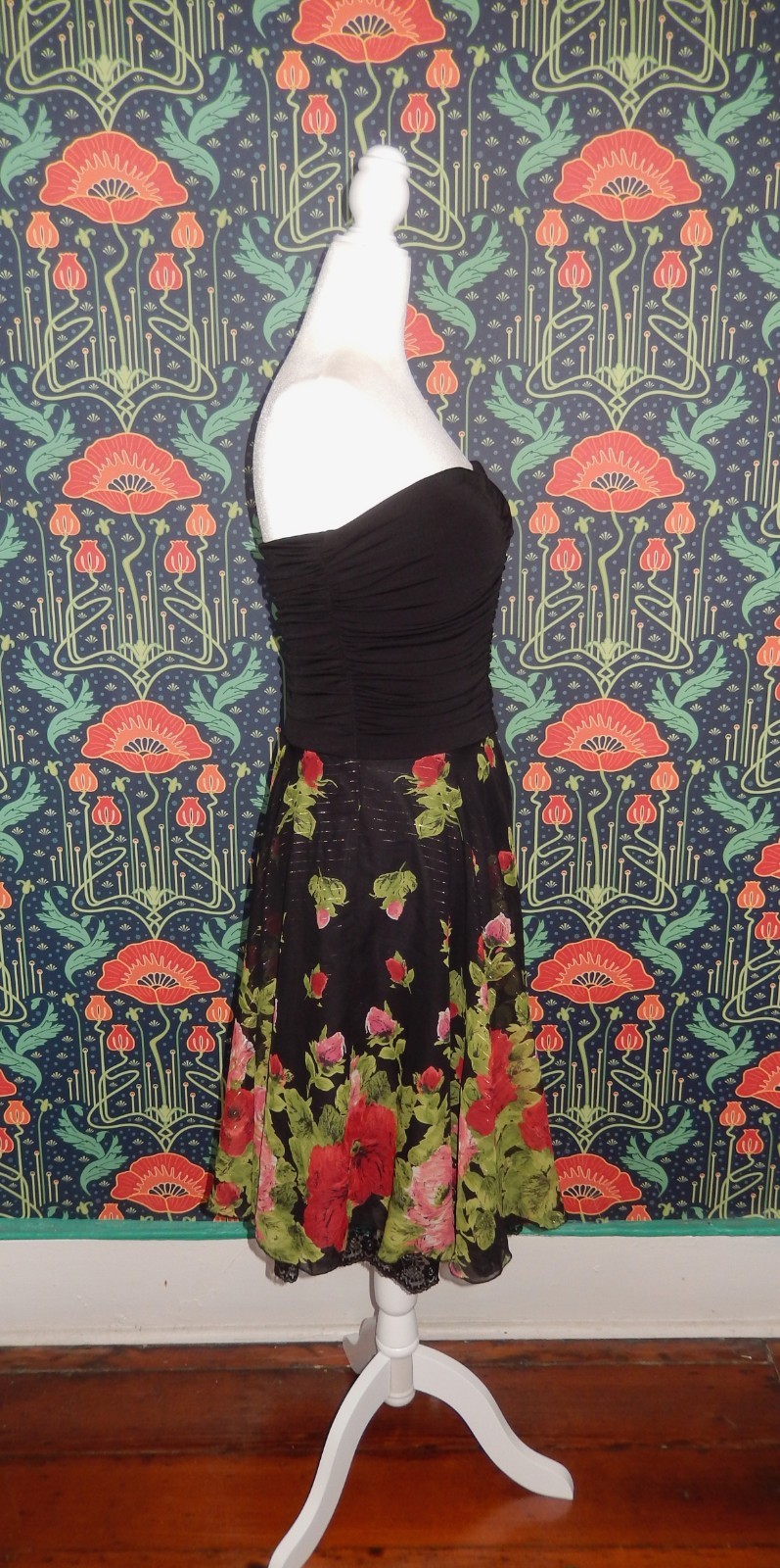 Vintage Y2k Strapless Ruched Rose Print Fit Flare Whimsigoth Party Dress