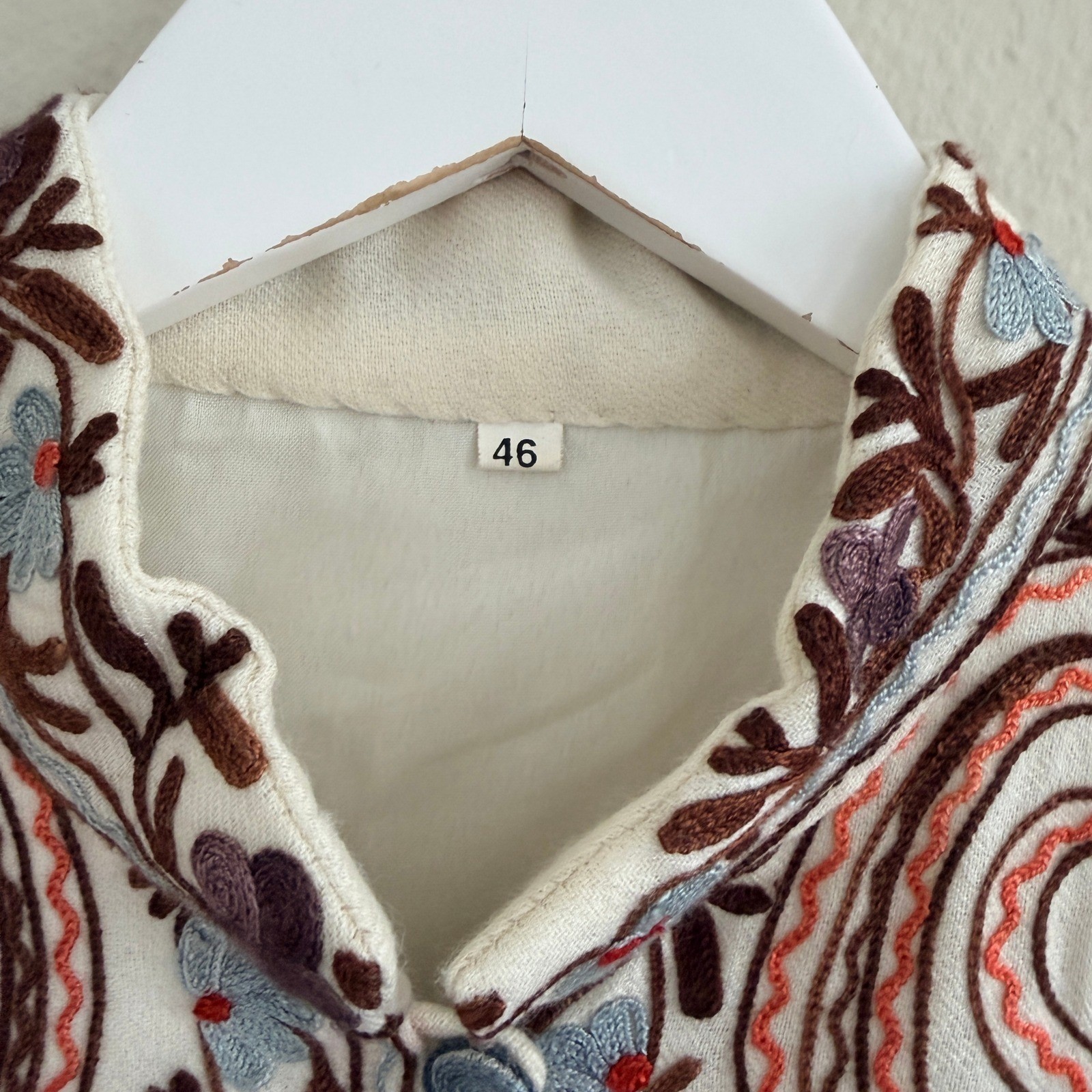 Woolen Coat Long Jacket Off-White, Multicolor Embroidery Size 46 (14, XL) Boho