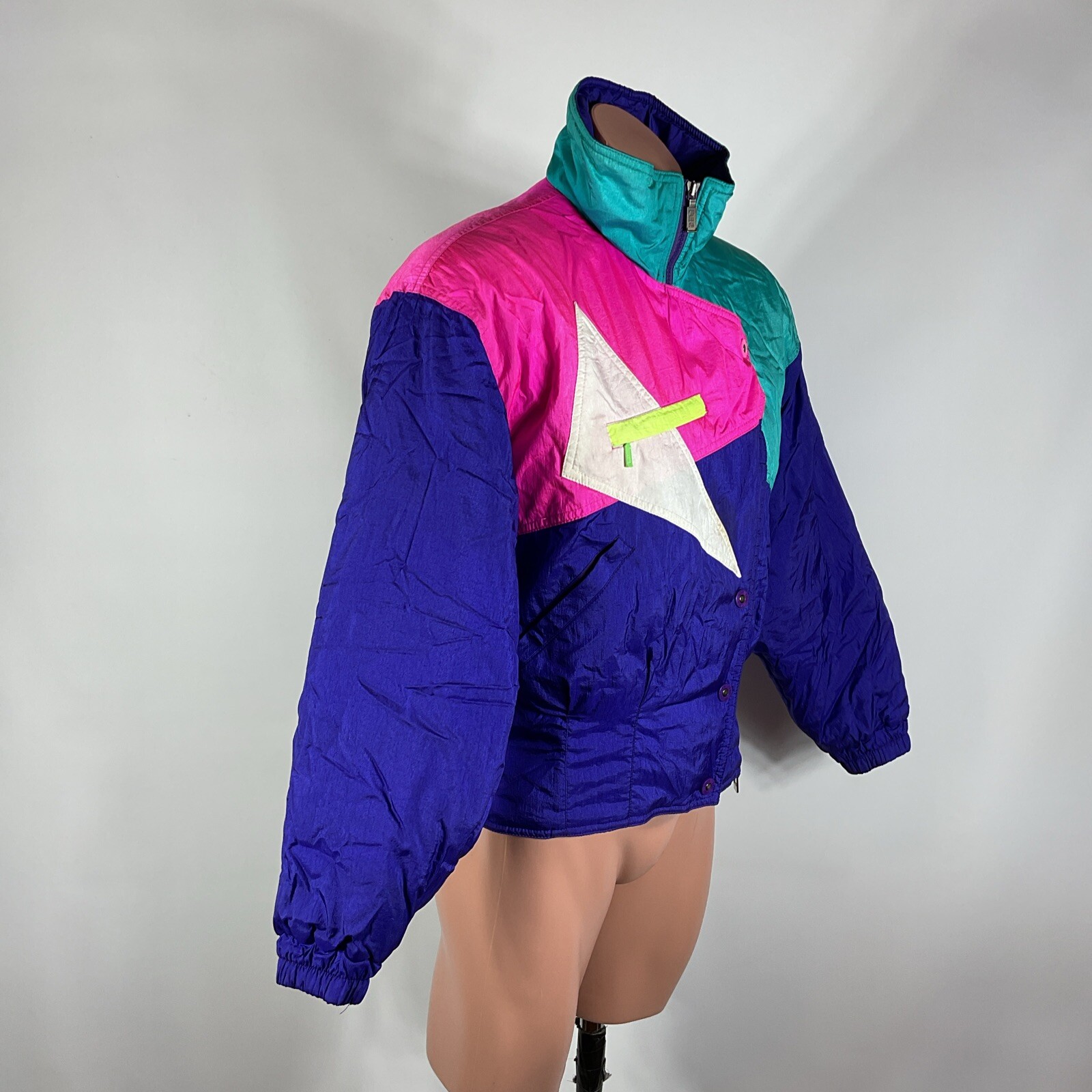 Vtg 80s SKI JACKET WINTER COAT BY FERA 10 Batwing Black Colorblock Neon Smocked