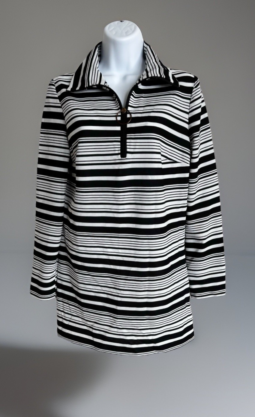 Vintage Stockton 1960’s 1970’s Mini Dress Black White Stripe S/M