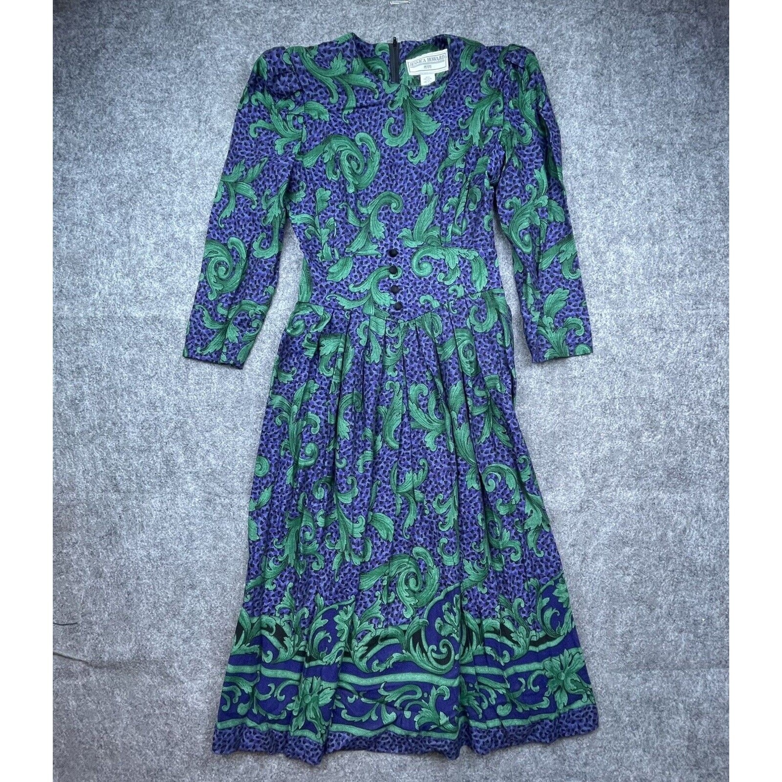 Vintage Jessica Howard Petite Dress 6 Blue Green 80s Secretary Scroll Wasp Waist