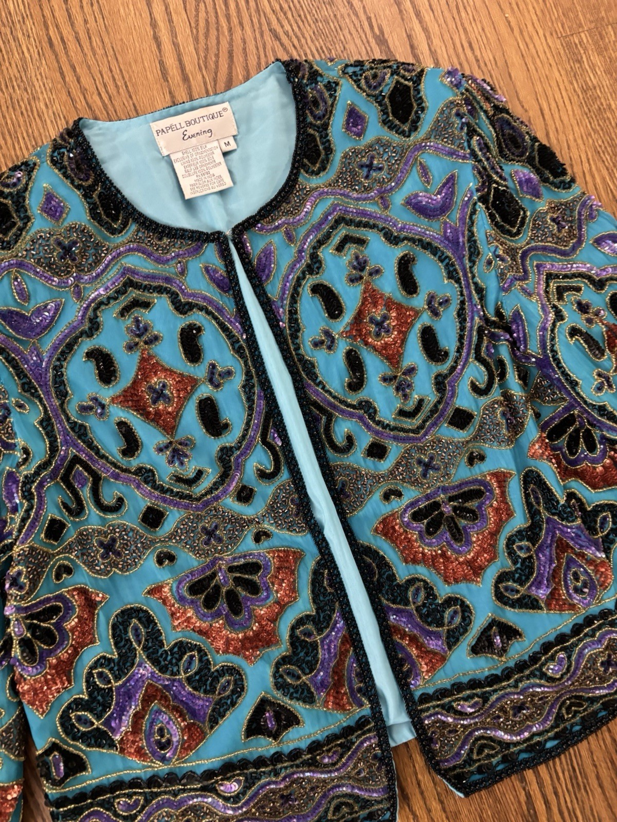 Vintage Turquoise Aqua Blue Cropped Beaded Sequin Trophy Jacket M Bolero