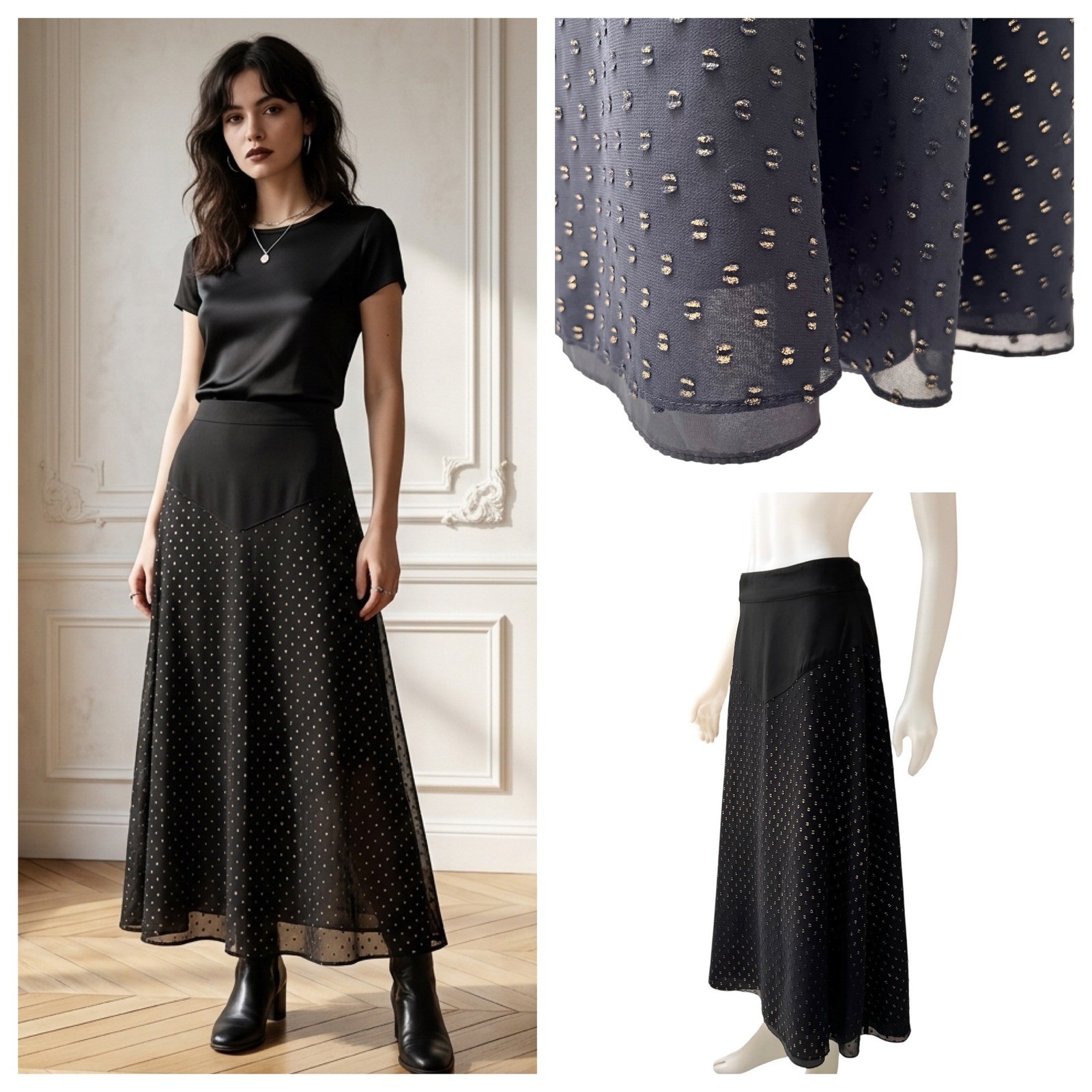 Vintage 90s Carrie Metallic Polka Dot Drop Waist V-Yoke Maxi Skirt 4 Made in USA