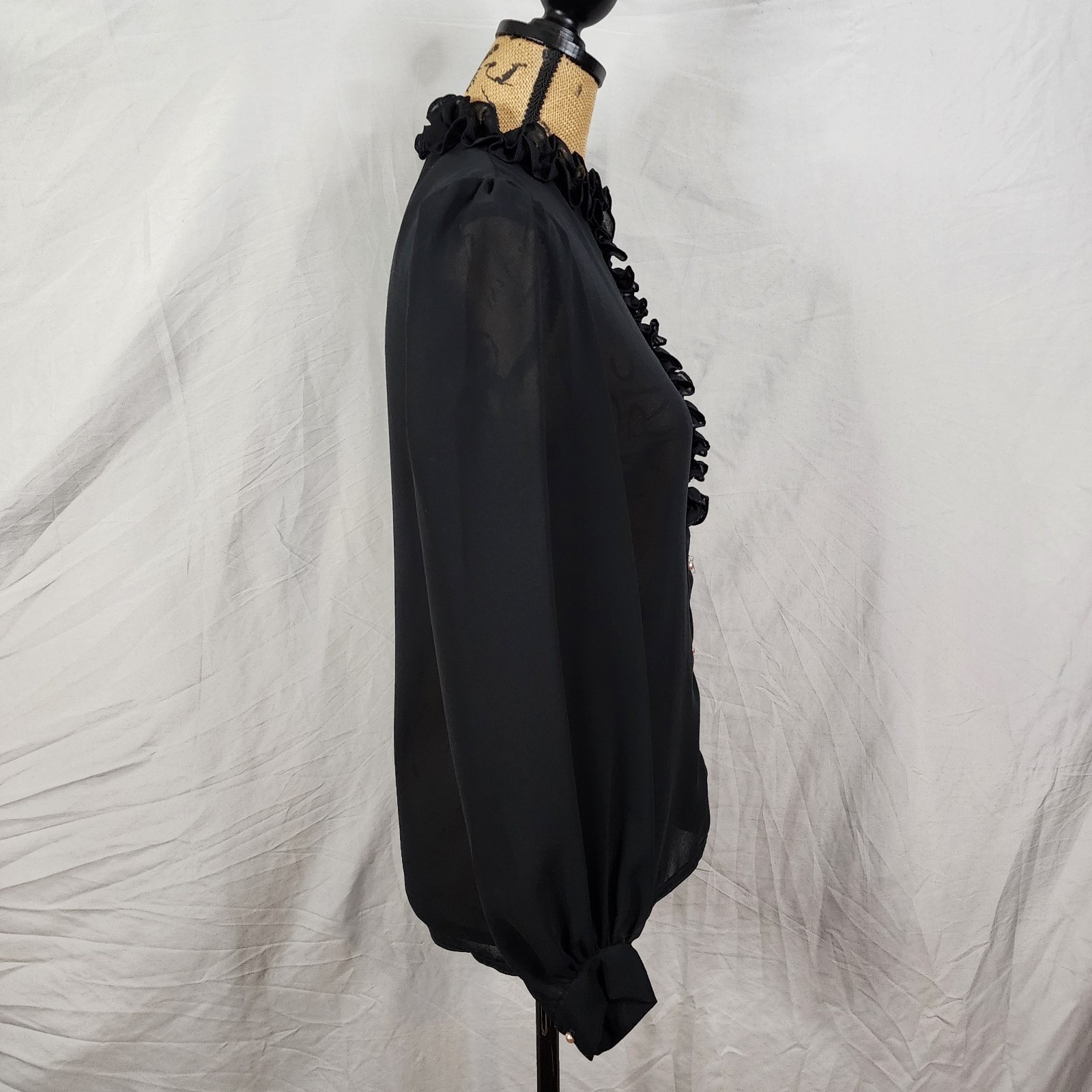 Vtg 70s JAMBOREE Size Small Couture Sheer Black Pearl Button Ruffle Neck Blouse