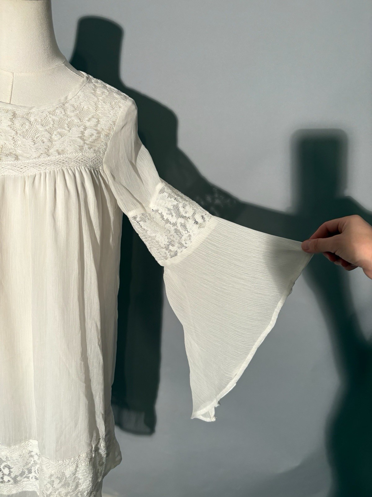 Vintage Style white peasant blouse with lace trim and bell sleeves Lingerie Top