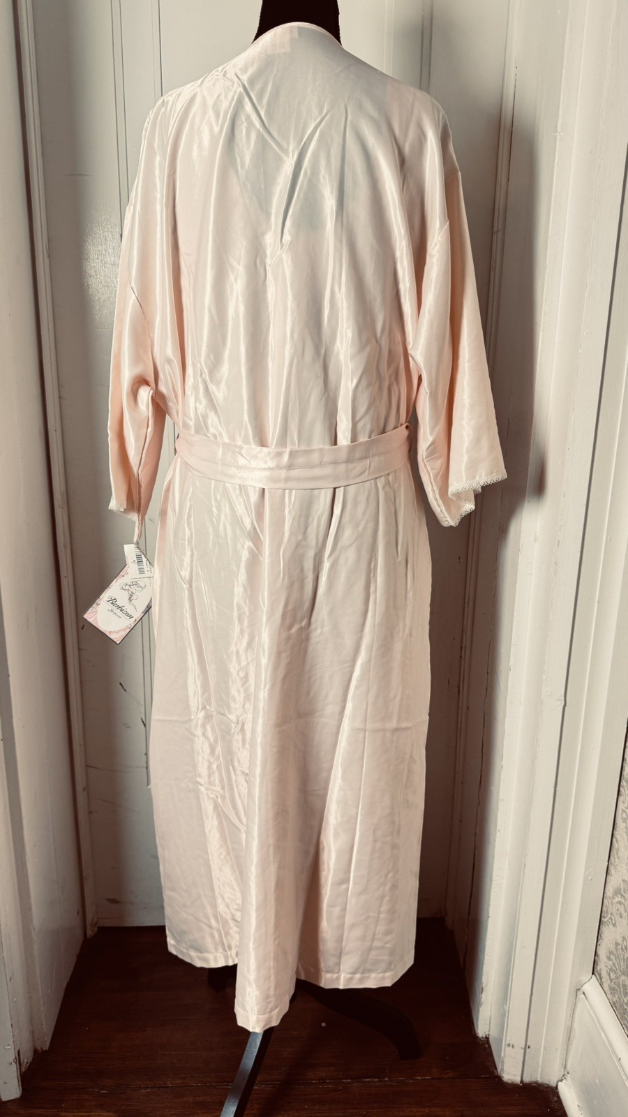 Vintage Barbizon Peach Robe & Nightgown Set NWT L Satin Lace Trim 80s Boudoir