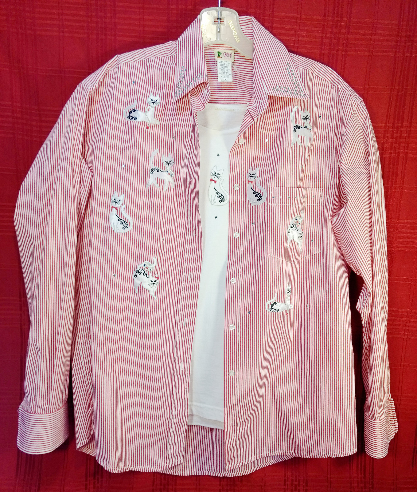 CAT Applique Shirt 2pc Womens Medium Set Red White Stripe Tank Crystals Kitschy