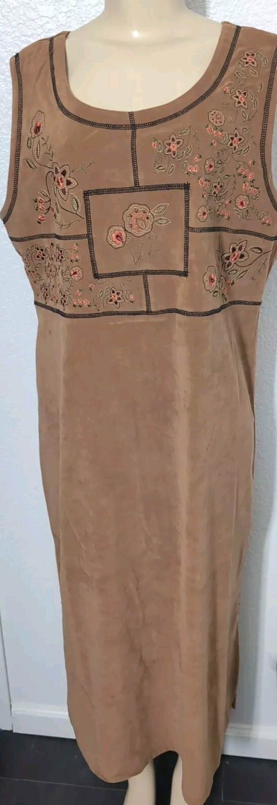 White Stag Jumper Maxi Dress 12 14 L Large Brown Faux Suede Floral Embroidered