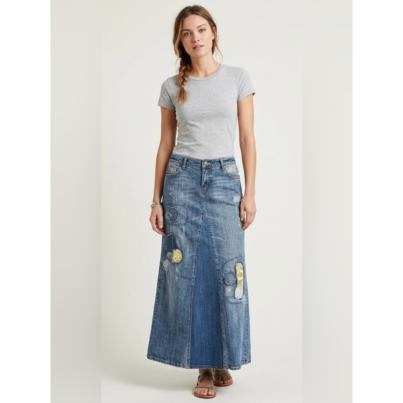 Vintage 7 For All Mankind Denim Patchwork Maxi Skirt Embroidered Y2K Boho