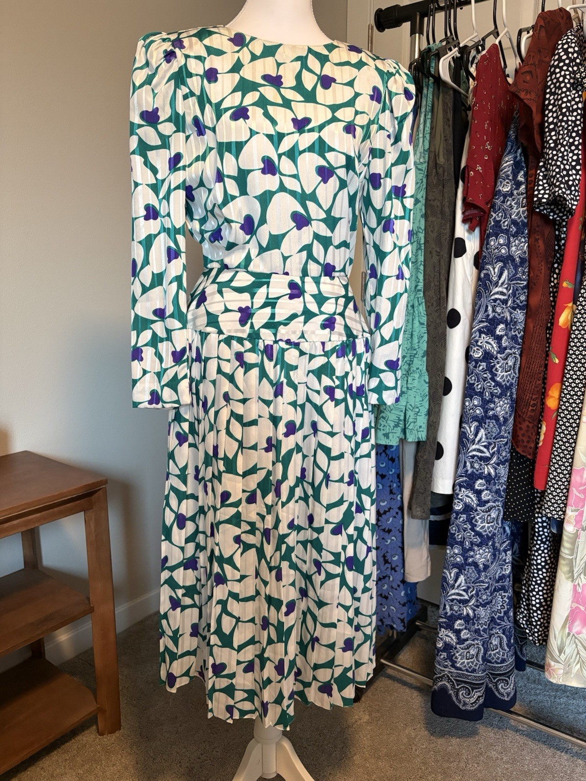David Warren Vintage Floral Long Sleeve Dress Green Purple White Size 6