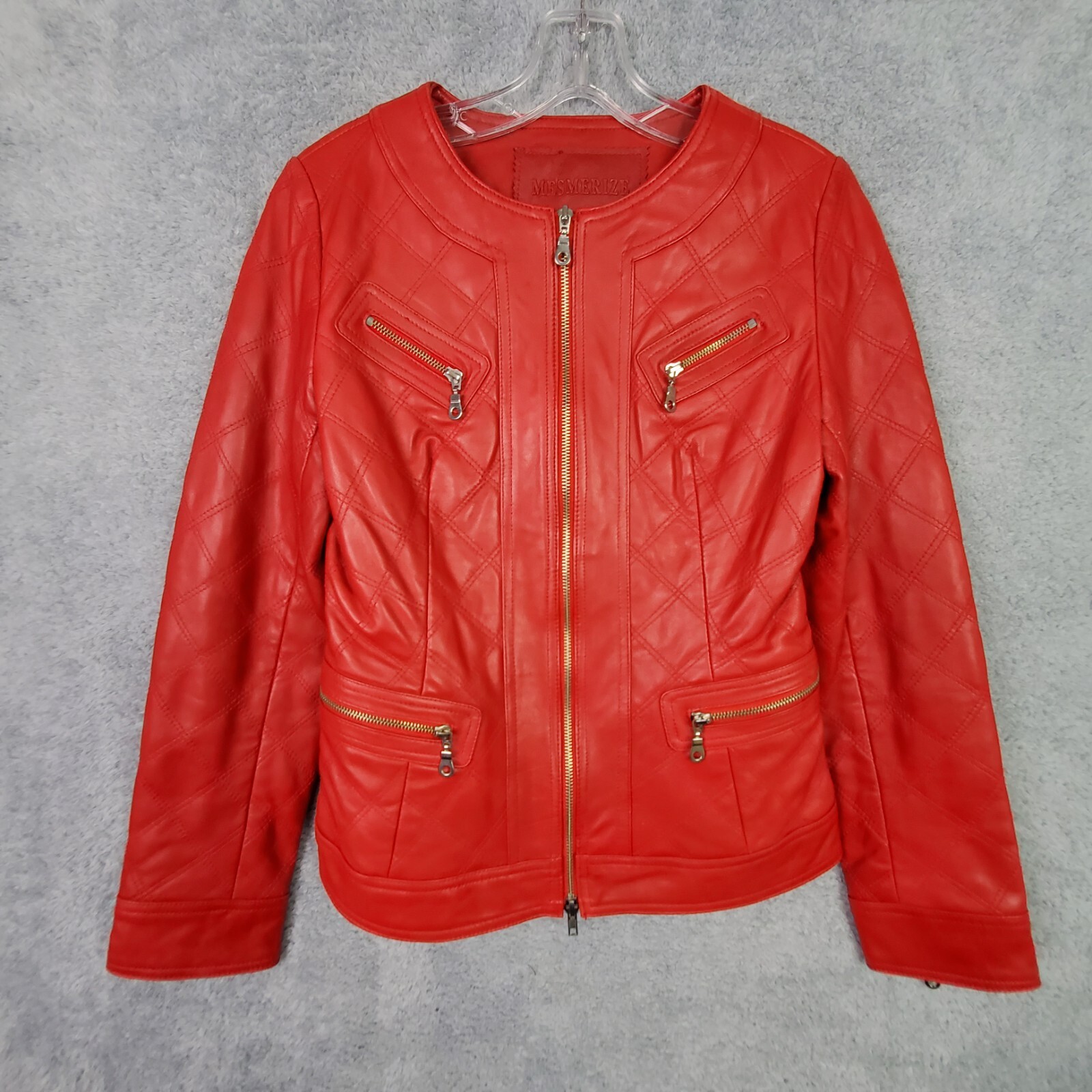 Vintage Womens Crop Lamb Leather Jacket XS Red Biker Harley Moto Full Zip Pocket