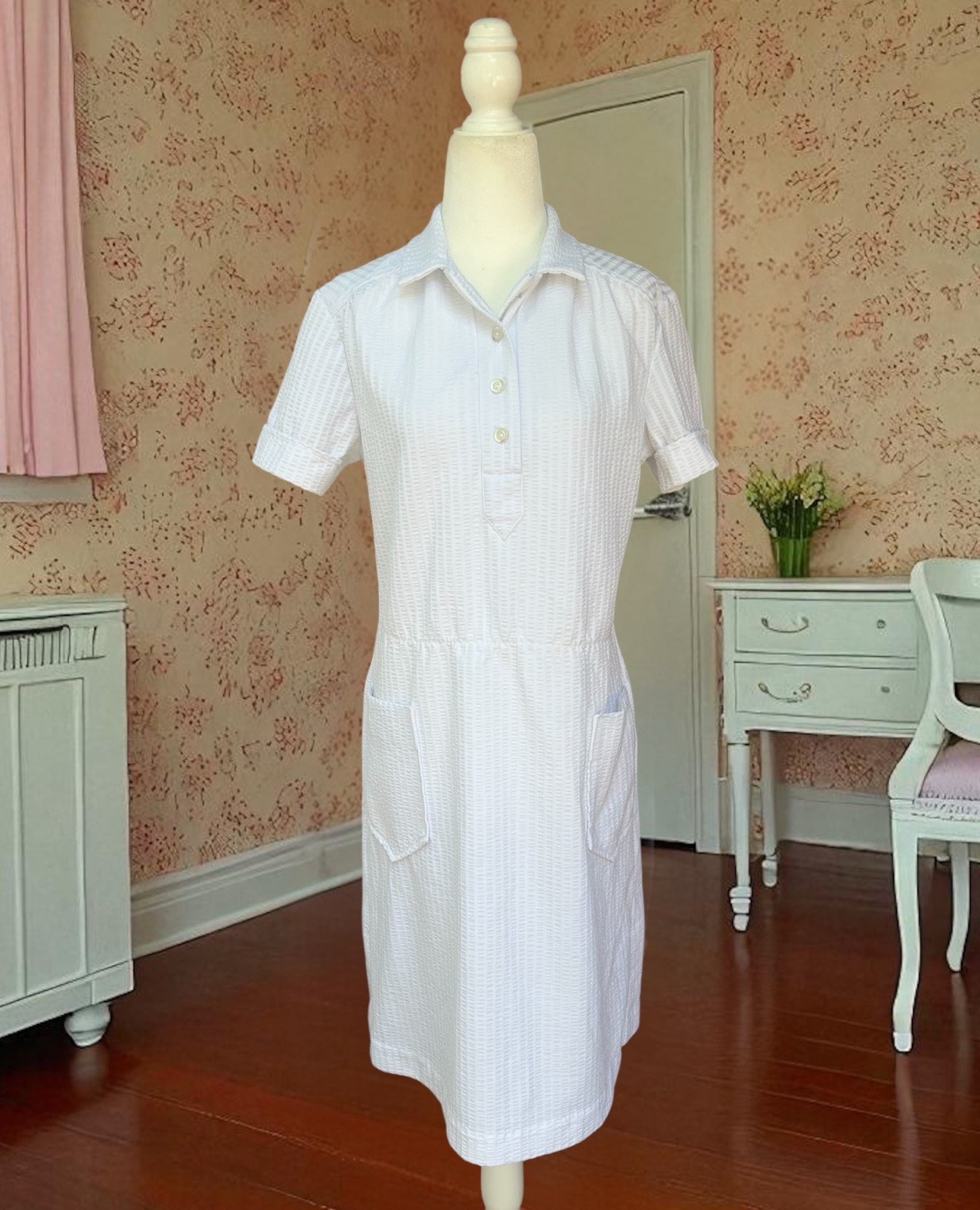 Vintage 1950s Dress Seersucker White Waffle Woven Wool 50s Uniform Dress Sz 36w