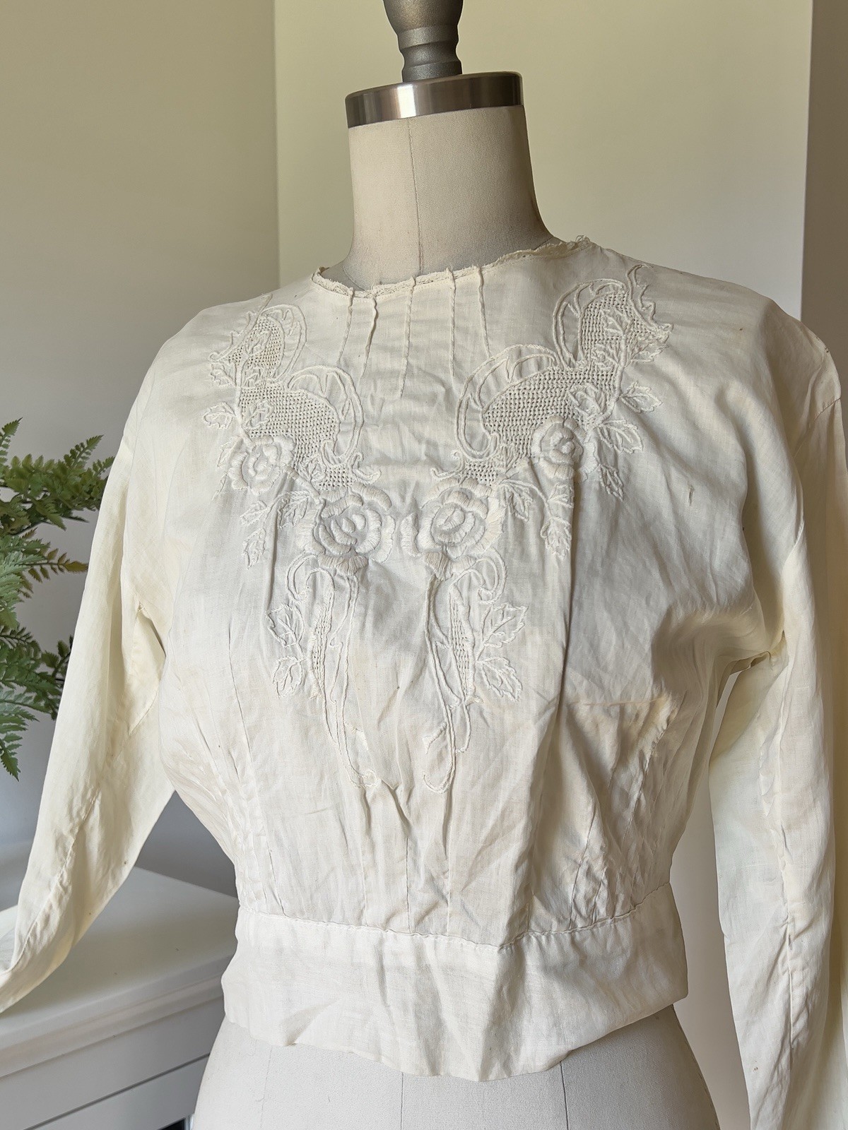 Antique Cotton Blouse Top Off White Hand Embroidered Lace Edwardian Button Back