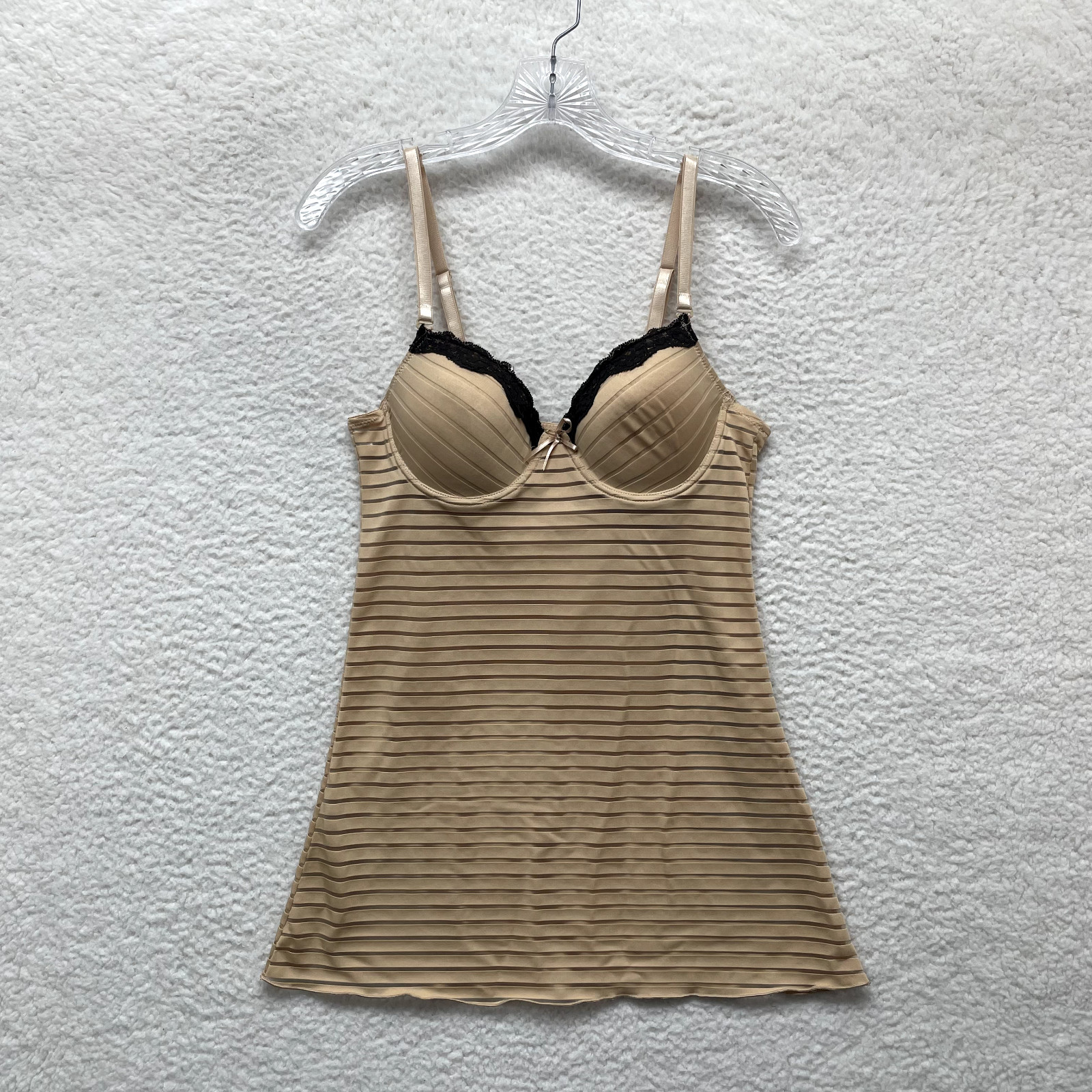 Y2K Vintage Slip Dress Small 32C 85C Tan Beige Nude Striped Padded Cupped French
