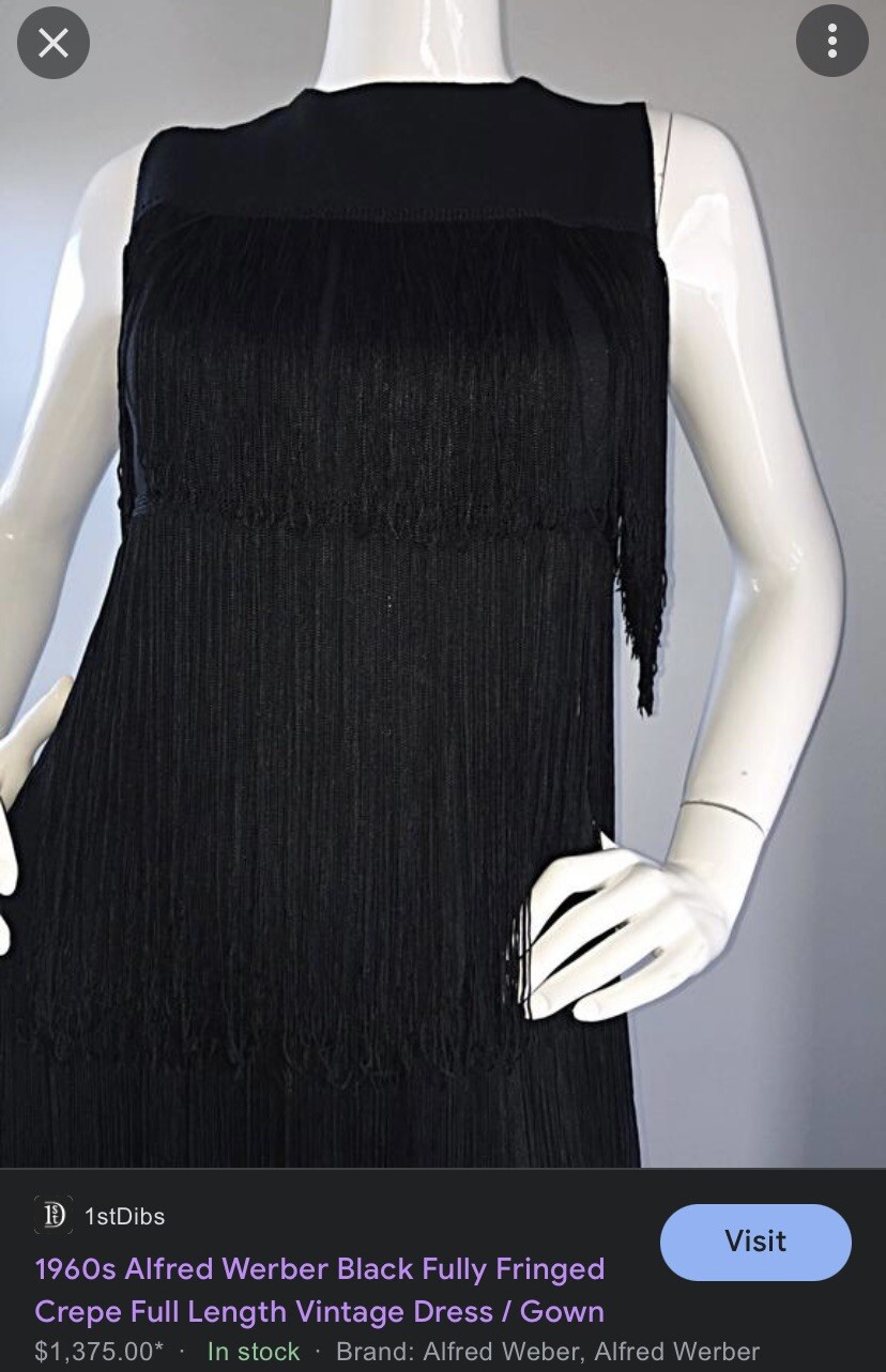 Rare- 1960s Alfred Werber Black Fully Fringed Crepe Full Length Vintage Dress