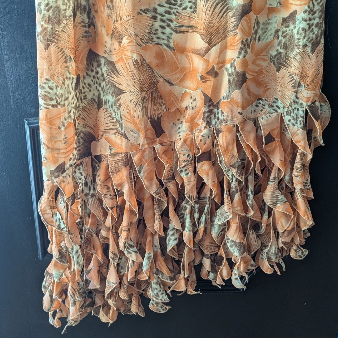 Vtg Chiffon Tropical Leopard Ruffle Midi Dress Asymmetrical Hem Sz 14 Cocktail