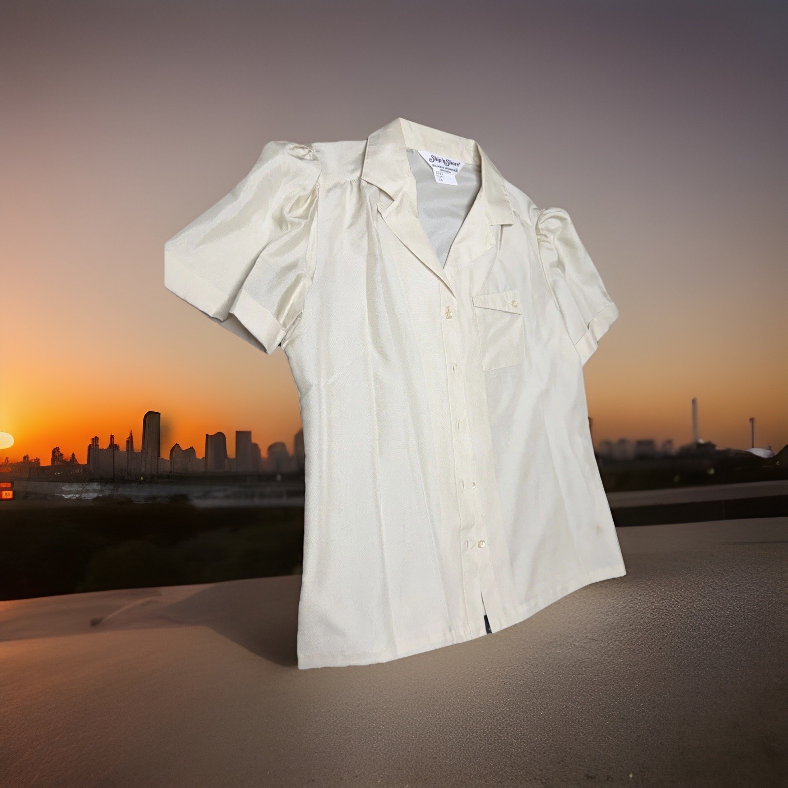 VTG Ship &lsquo;n Shore Silken Wonder Blouse 70s Cream Button Up Short Sleeve Sz 10