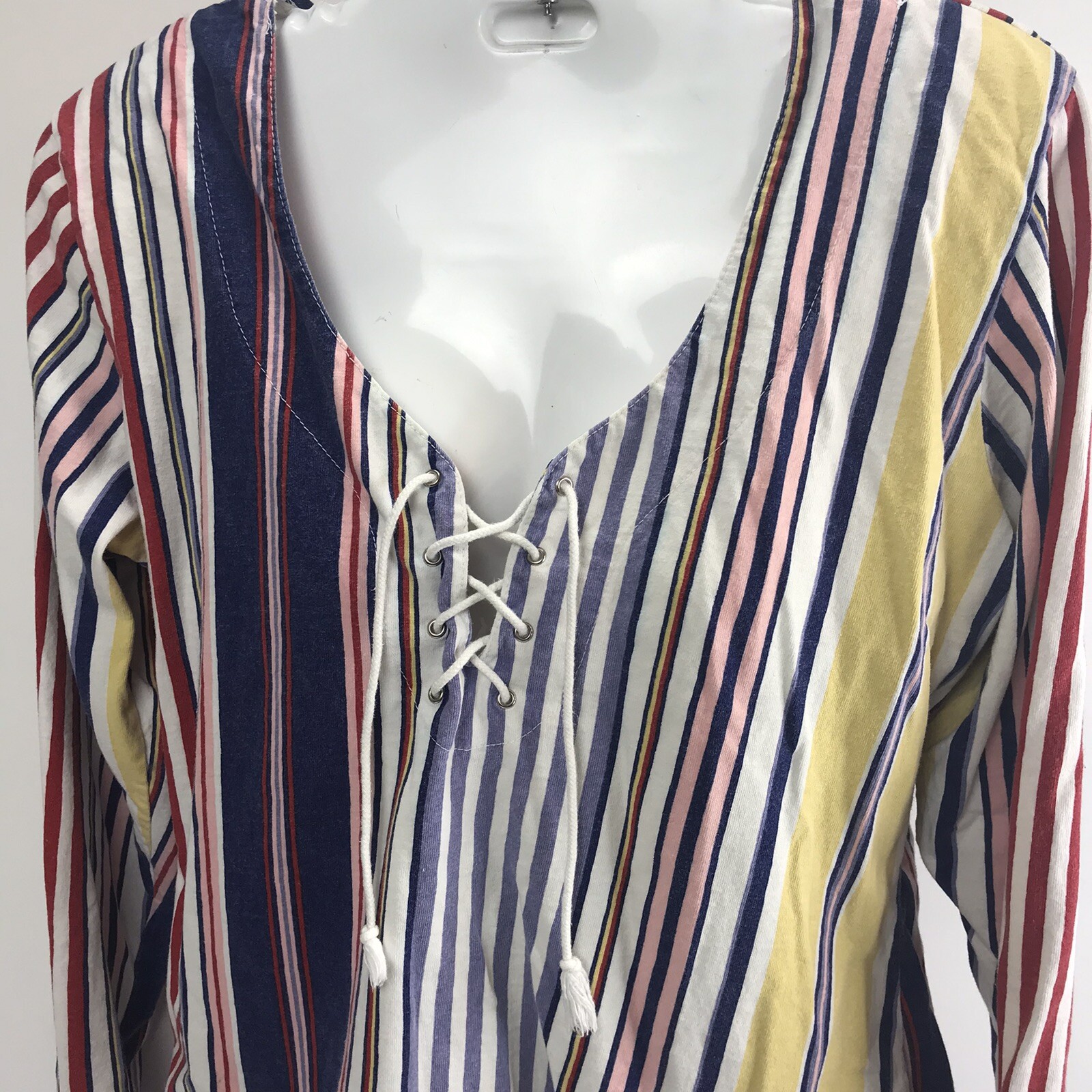 Vtg Top Star Cody 90s L Striped Pullover Lace-Up Front tee blouse long slv USA