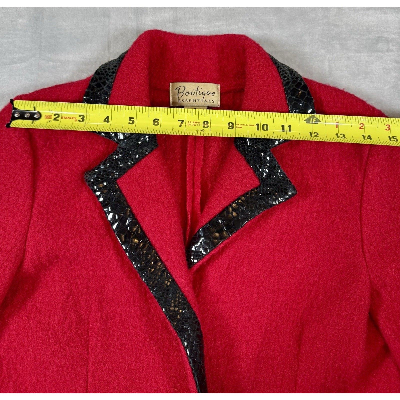 Vintage 1980s Red Wool Jacket Black Leather Trim Boutique Essentials Small