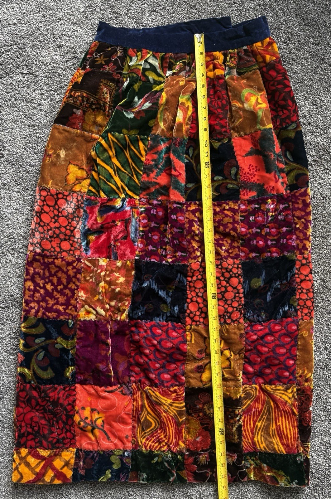 Vintage 1970s Velvet Patchwork Maxi Skirt Eclectic Mix Floral Geometric Vibrant