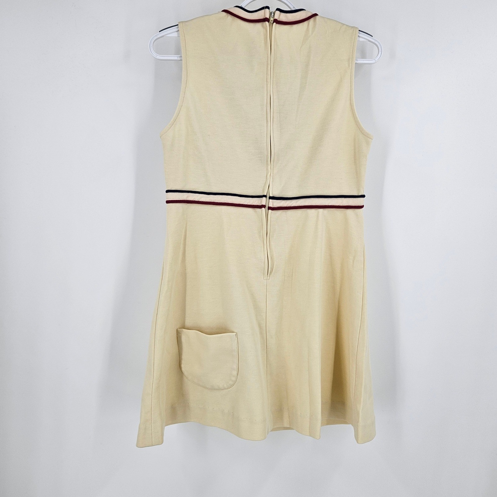 Vintage Spalding Tennis Dress Cream Yellow Striped Trim V-Neck Mini 70s Preppy S