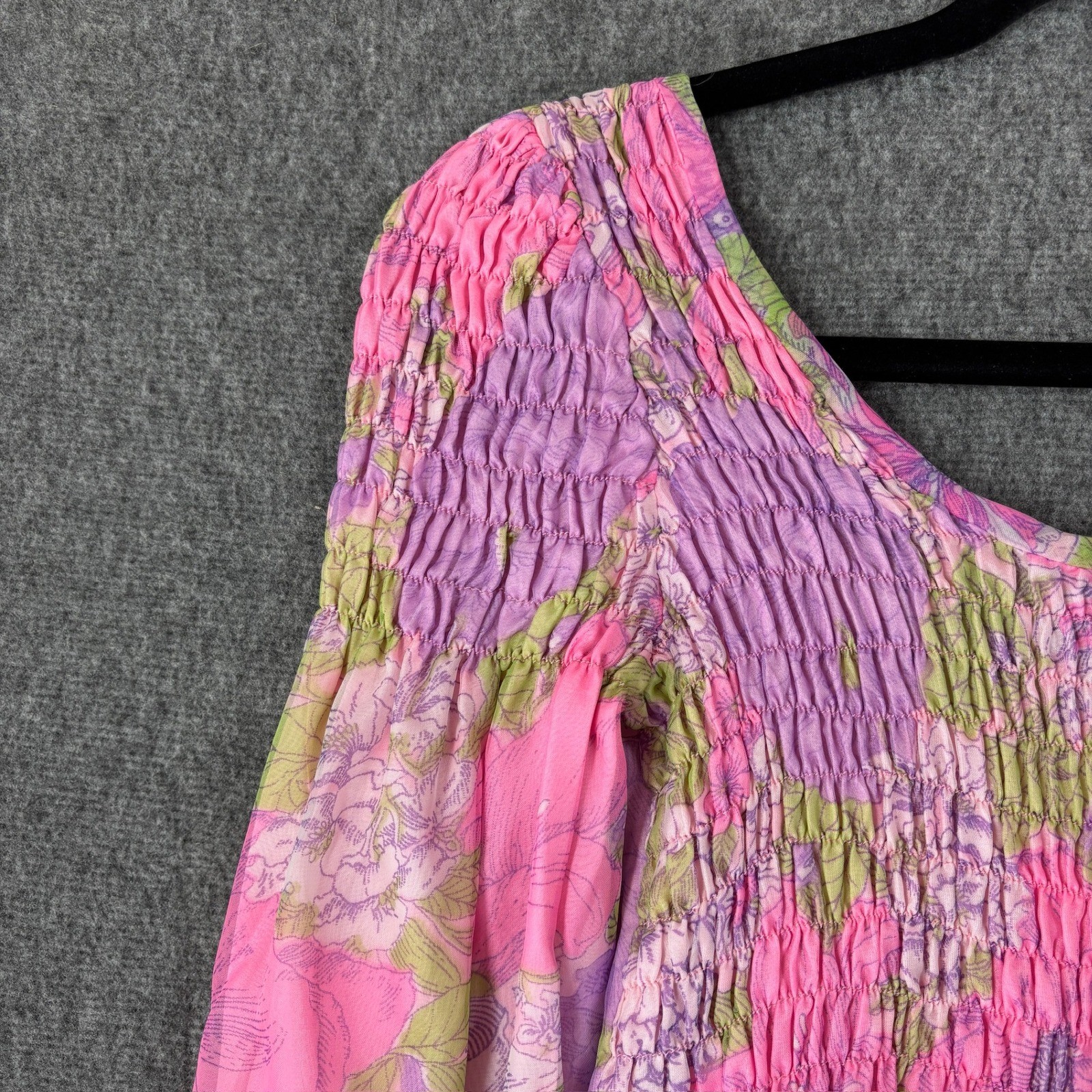 Vintage 70s Floral Smocked Maxi Dress Pink Purple Long Sleeve Boho Empire Waist
