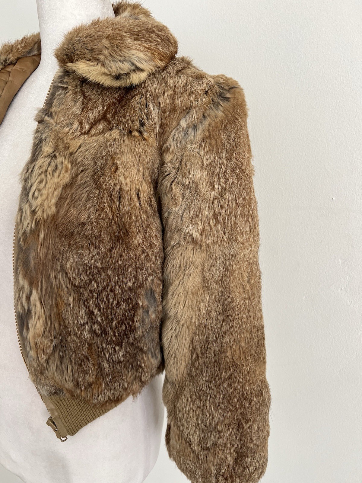 Womens Brown Rabbit Fur Zip Jacket Size 8 Long Sleeve Short Winter Casual