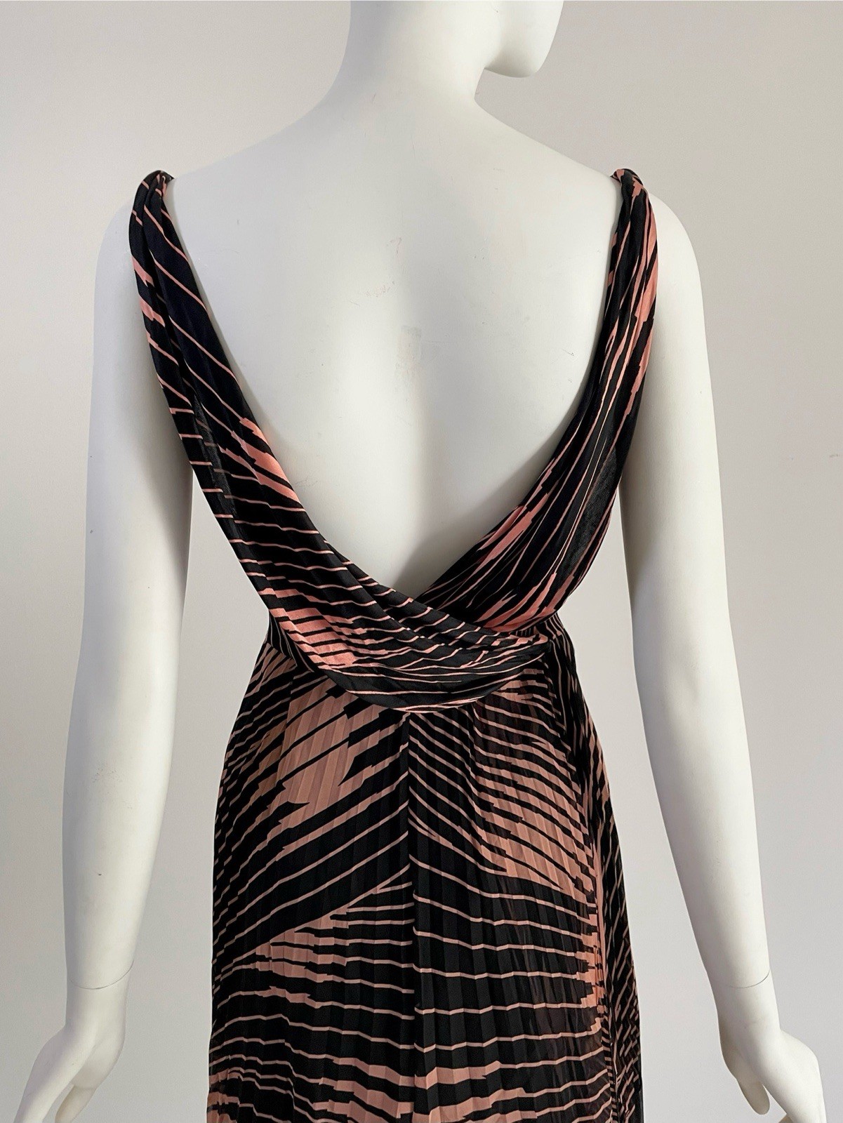 Vintage S/S 2000 Gianni Versace Pleated Black Orange Plunge V Dress Bodysuit XS