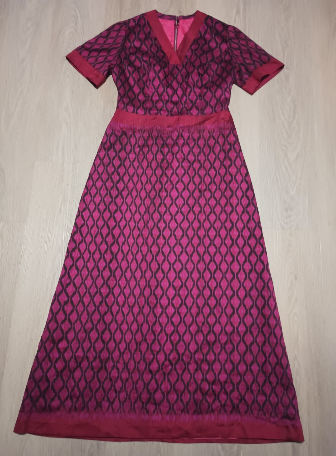 Vtg 70s Violet Red Southwest IKAT India Print Maxi Dress nomadic tribal M