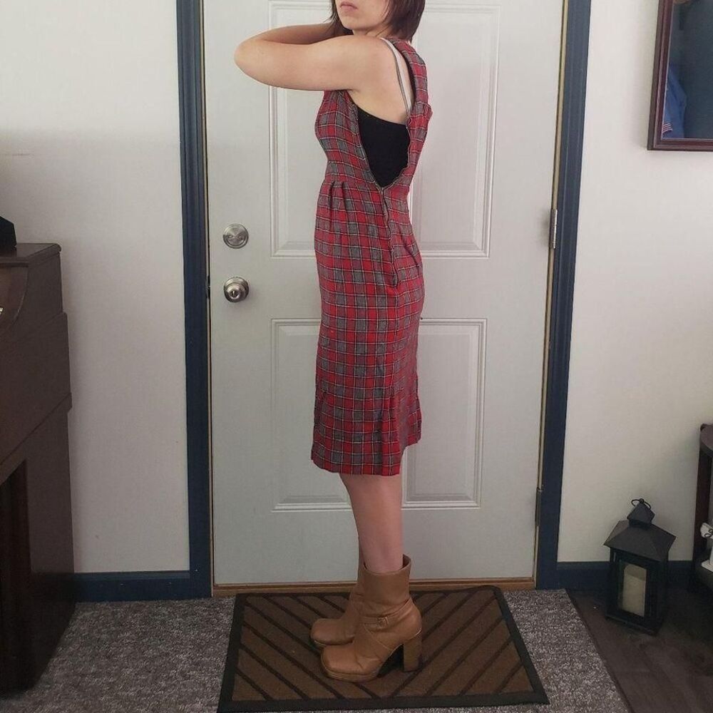 60s/70s Hand Made Square Neck Red and Gray Plaid Wiggle Dress