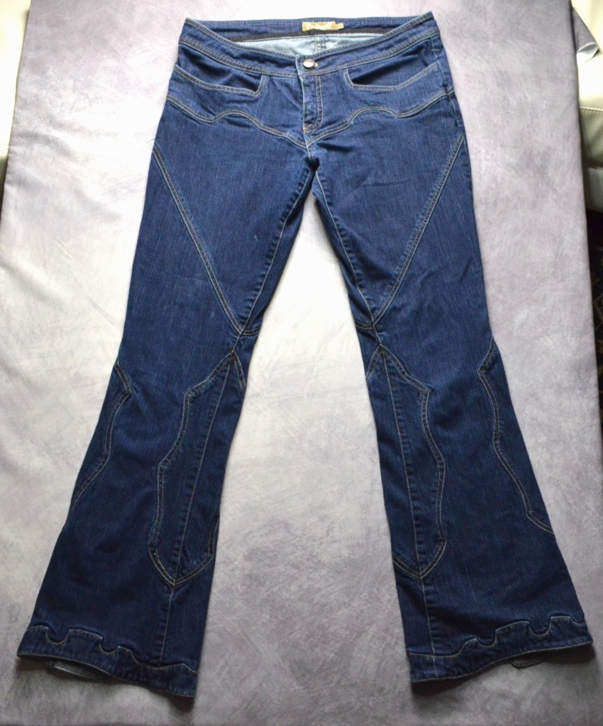 INSANE Bogdenoff LA Bell Bottom Flare Jeans Blue Size 32 Paneled Vintage Y2K