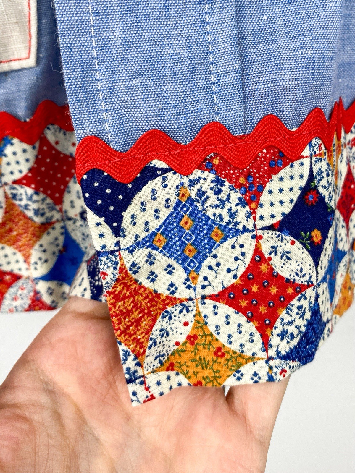 VTG 70s Chambray Patchwork Shirt Calico Flower Strawberry Applique RickRack L