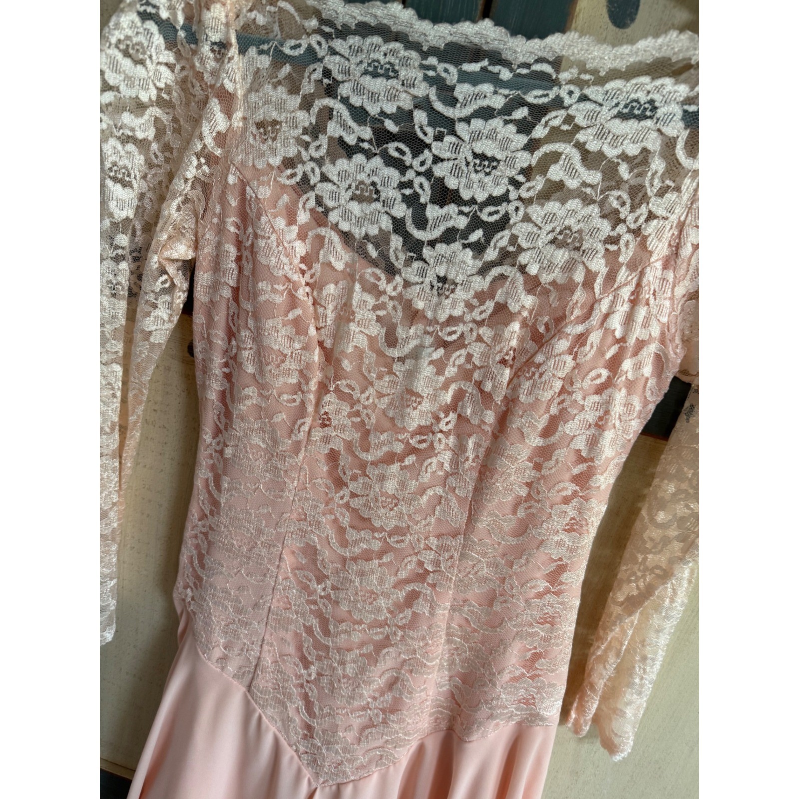 Vintage JCPenney Lace Chiffon Handkerchief Hem Dress Peach Pink 80s 90s Fairy