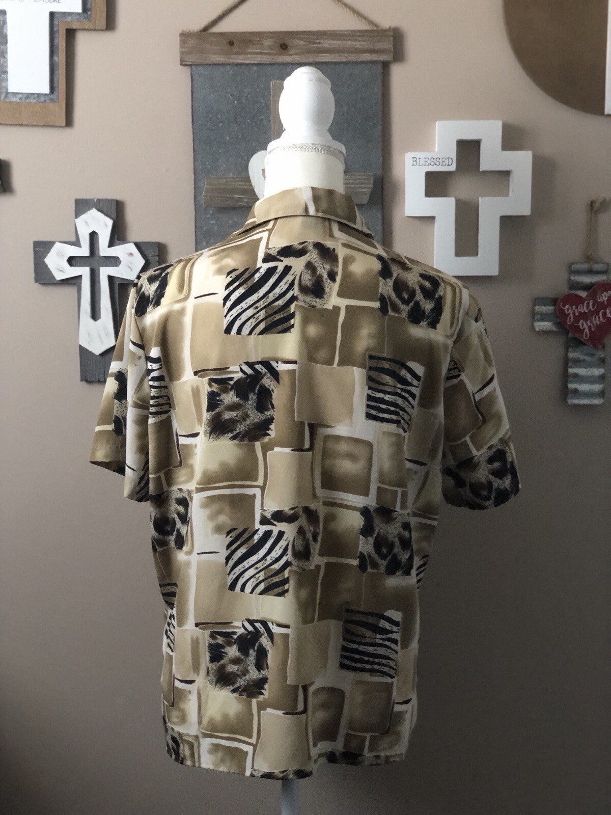 Vintage Elementz Large Black Gold Top Twofer Short Sleeve Button Up Collared