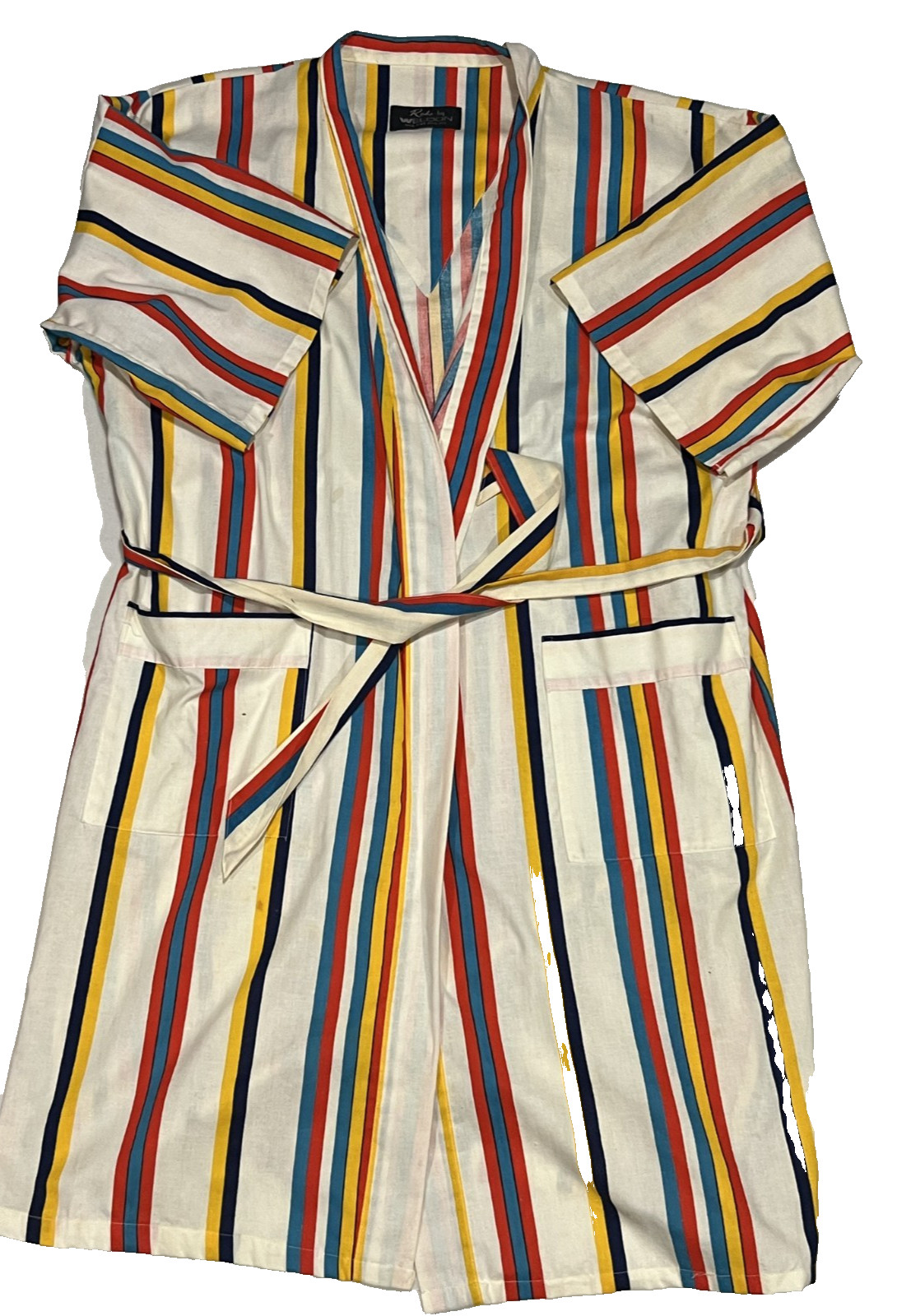 Vintage 60s 70s Weldon Robe Striped Red Yellow Green One Size Pockets Tie