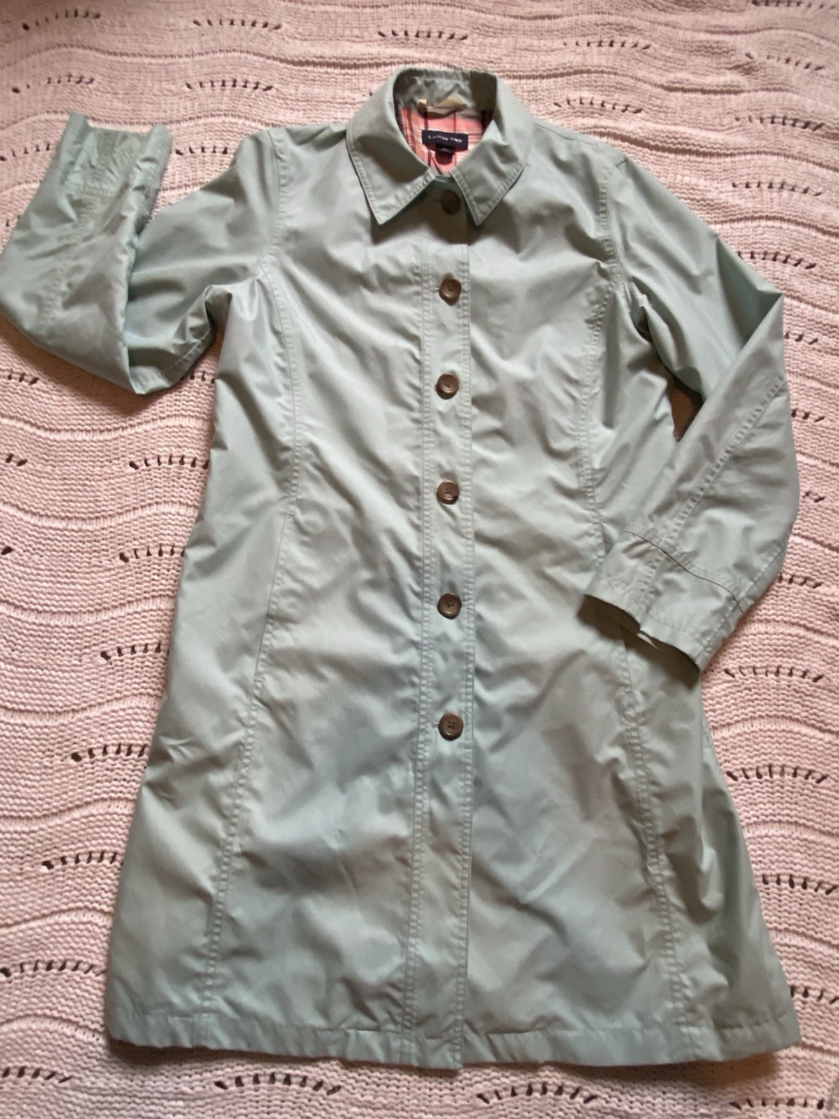 VTG Lands End Mint Green Lightweight Trench Coat Lined Button Up Women’s Medium