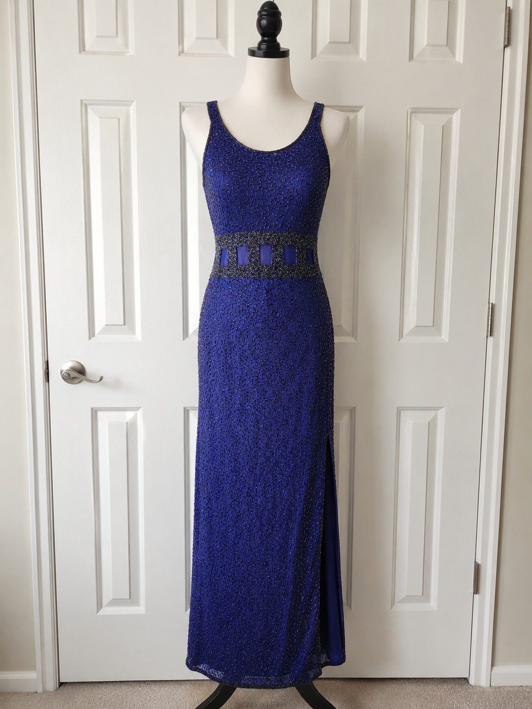 VTG Andretta Donatello Blue Beaded Formal Gown Backless Event Silk L