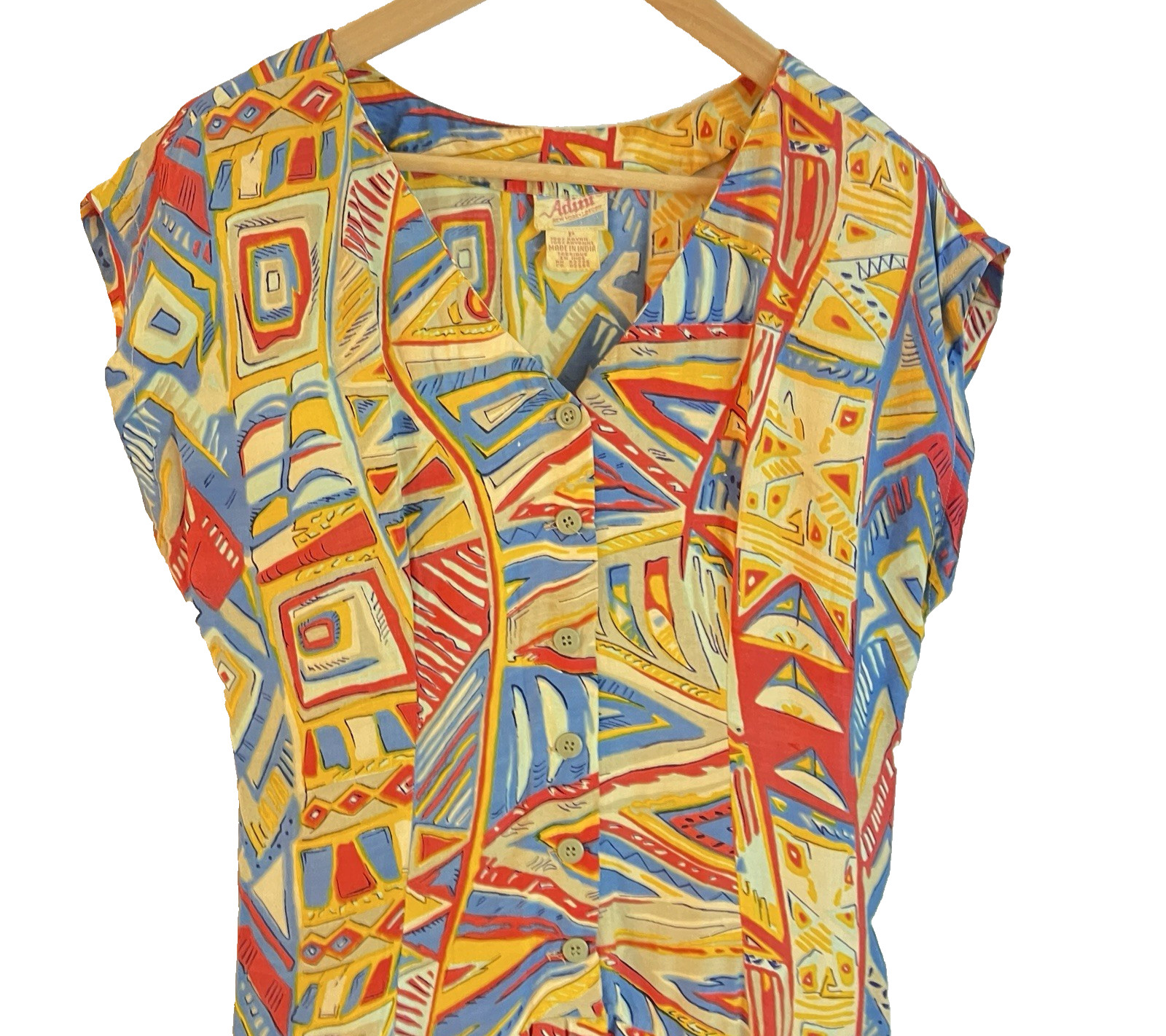 Vintage Adini Abstract Geometric Rayon Midi Dress Made India L Colorful 90s