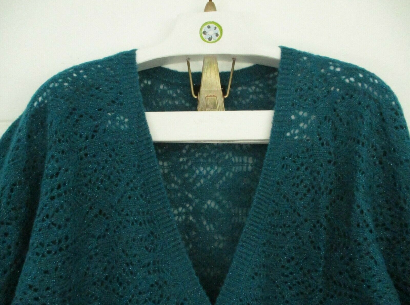 Vintage 1980&rsquo;s A.N.A open Lace Knit Sweater Women Teal Size L 3/4 Kimono Sleeve