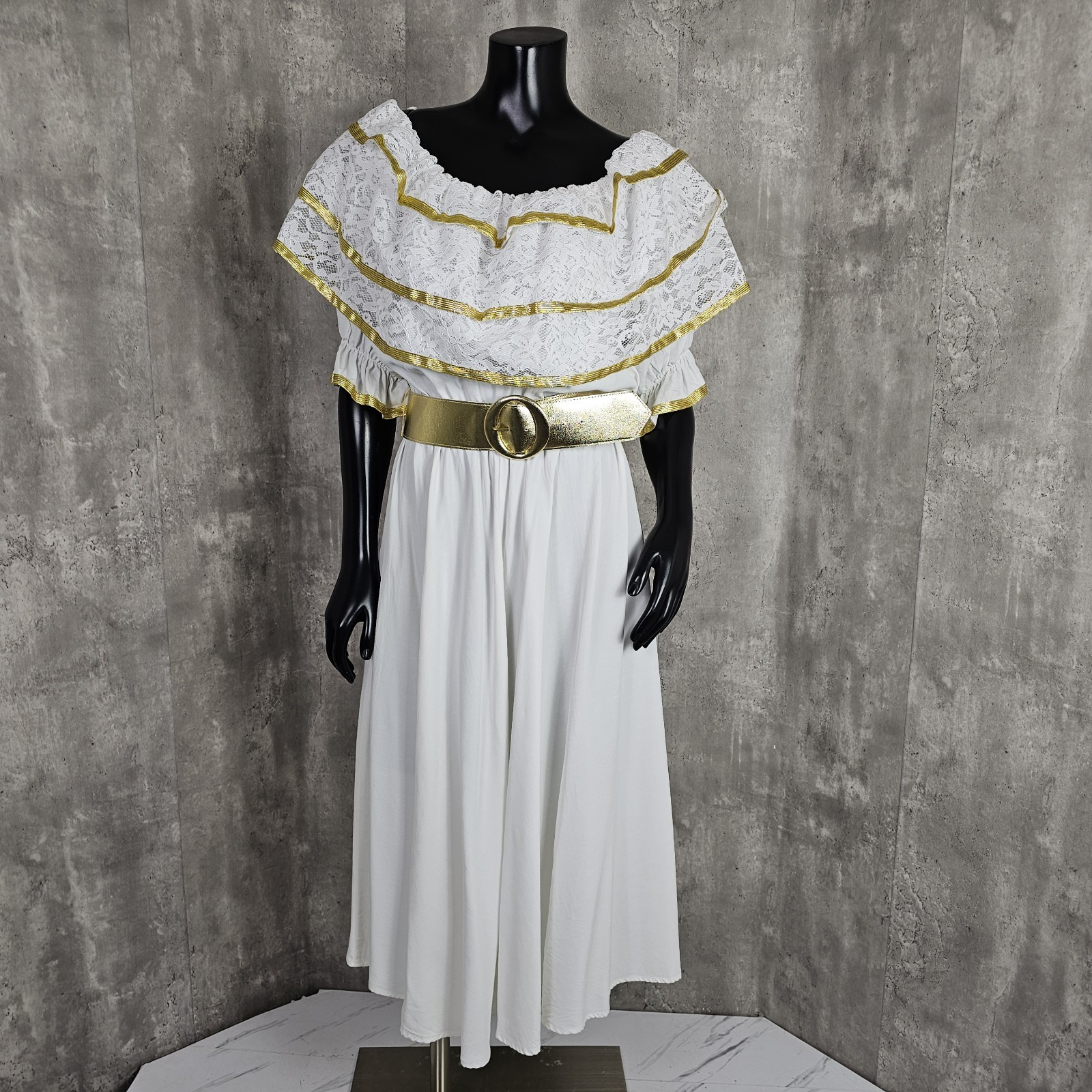Vintage 80s Menu Greek Goddess White Peasant Dress Gold Trim Ruffle Off Shoulder