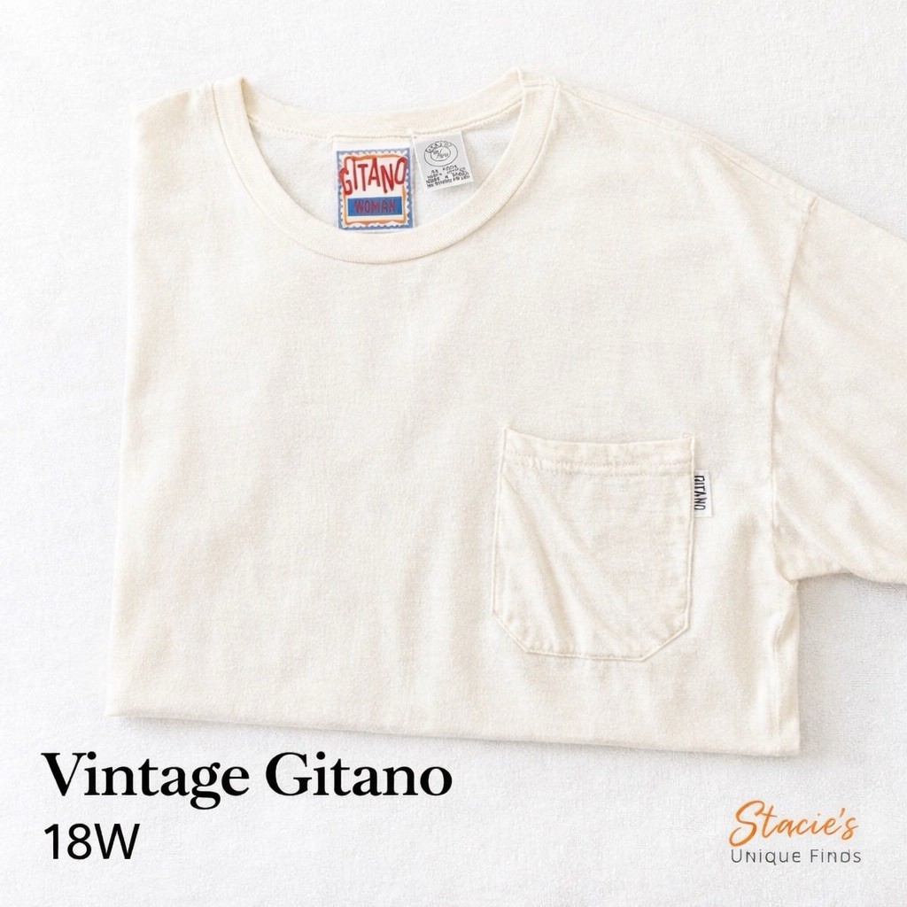 Vintage Gitano Woman Pocket T-Shirt Cream Cotton Made in Brazil 80s 90s