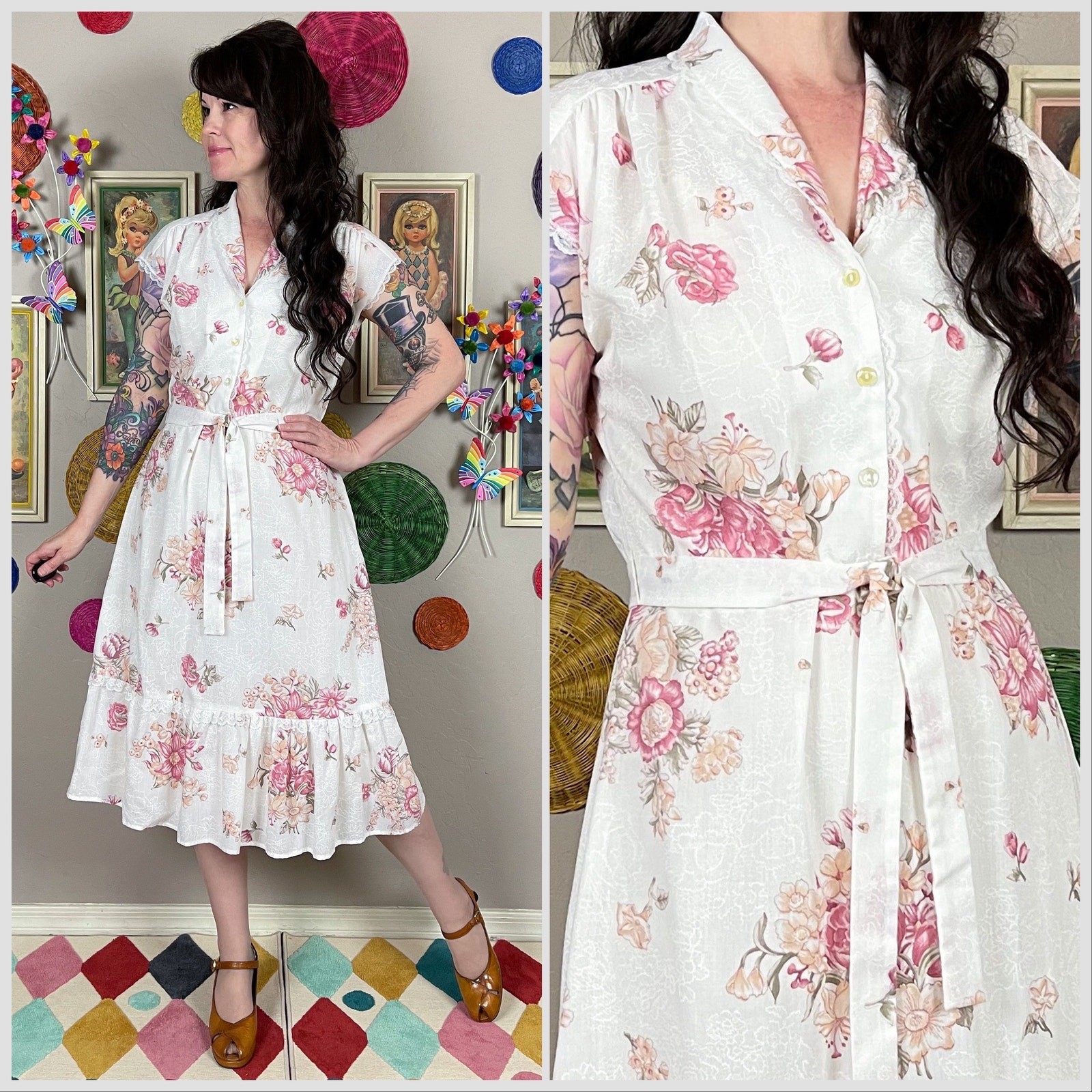 Vintage 1970s Romantic Floral Print Short Sleeve Cotton Midi Dress | 30&Prime; Waist