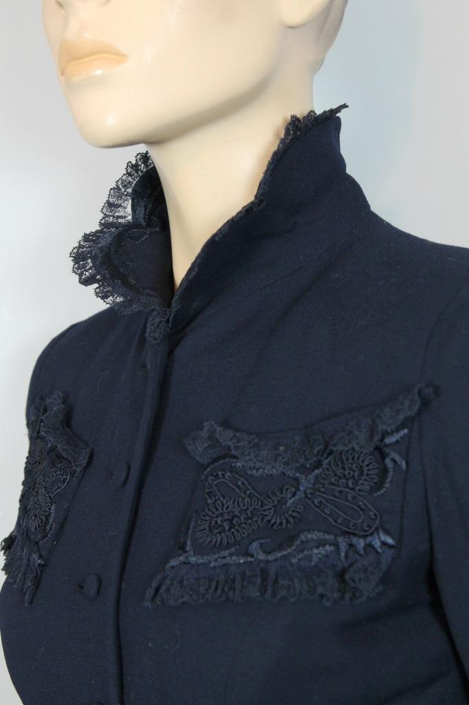 RARE Vtg 40s HATTIE CARNEGIE Navy 2pc Suit Blazer Jacket Pencil Skirt w/ Lace S