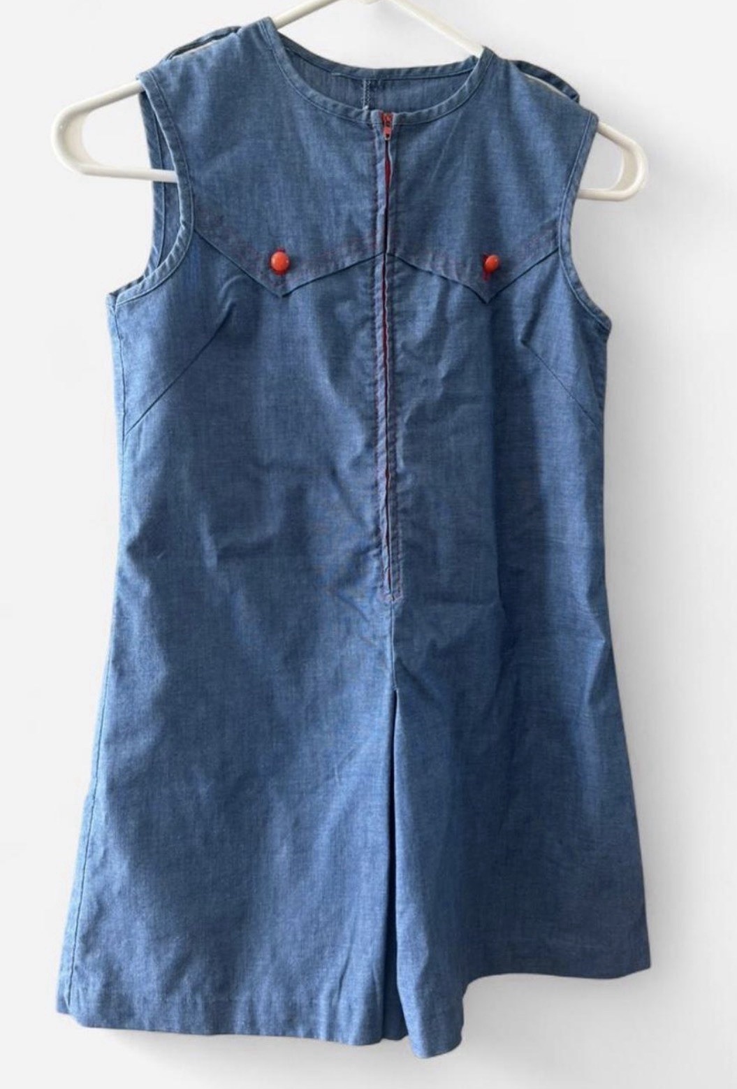 Vintage 60s Chambray Romper Skort Red Trim Sleeveless Mod Playsuit XS