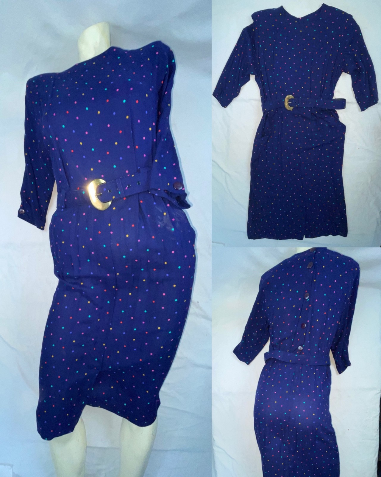 VTG 60S 70S WOMENS BLUE POLKA DOT BUTTON BELTED PARTY FUN CUTE RAYON DRESS