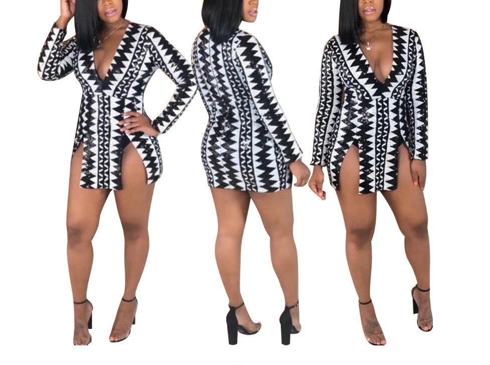 USA Women Deep V-Neck Long Sleeve Body con Sequined Party Night Club Mini Dress